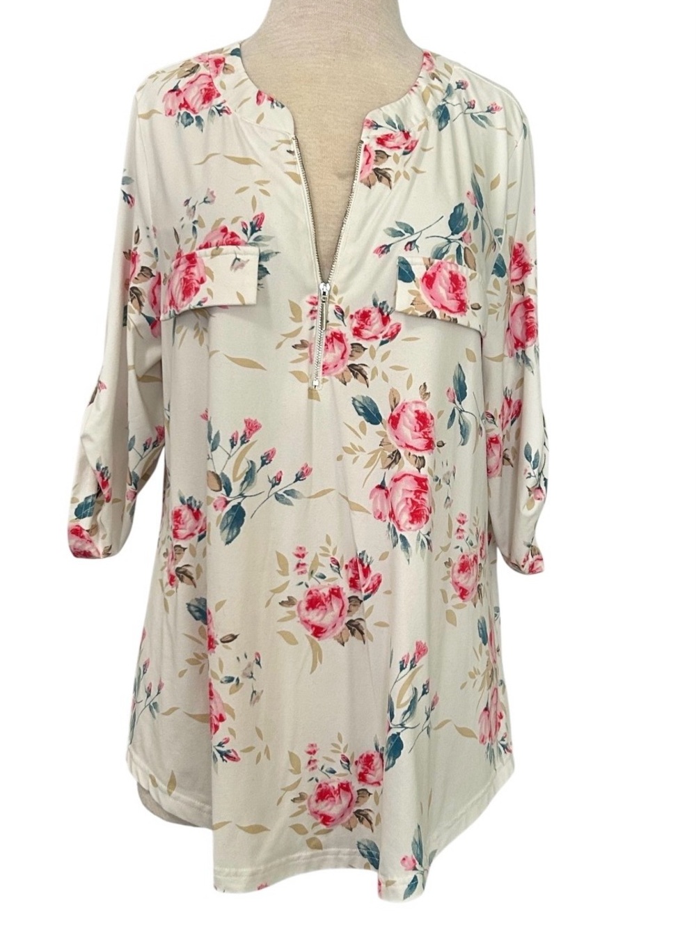 Floral Zip-Front Blouse - White with Pink Roses